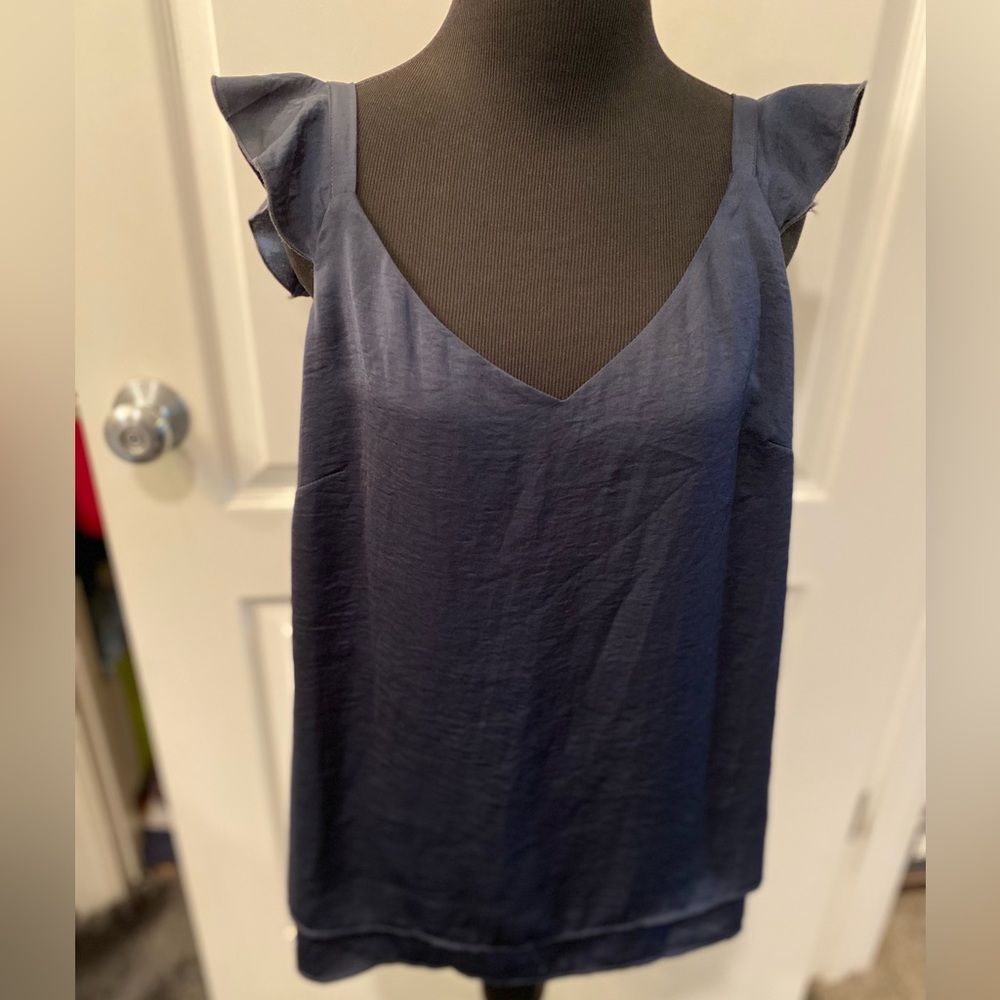 New nave blue ruffled tank from Cabi